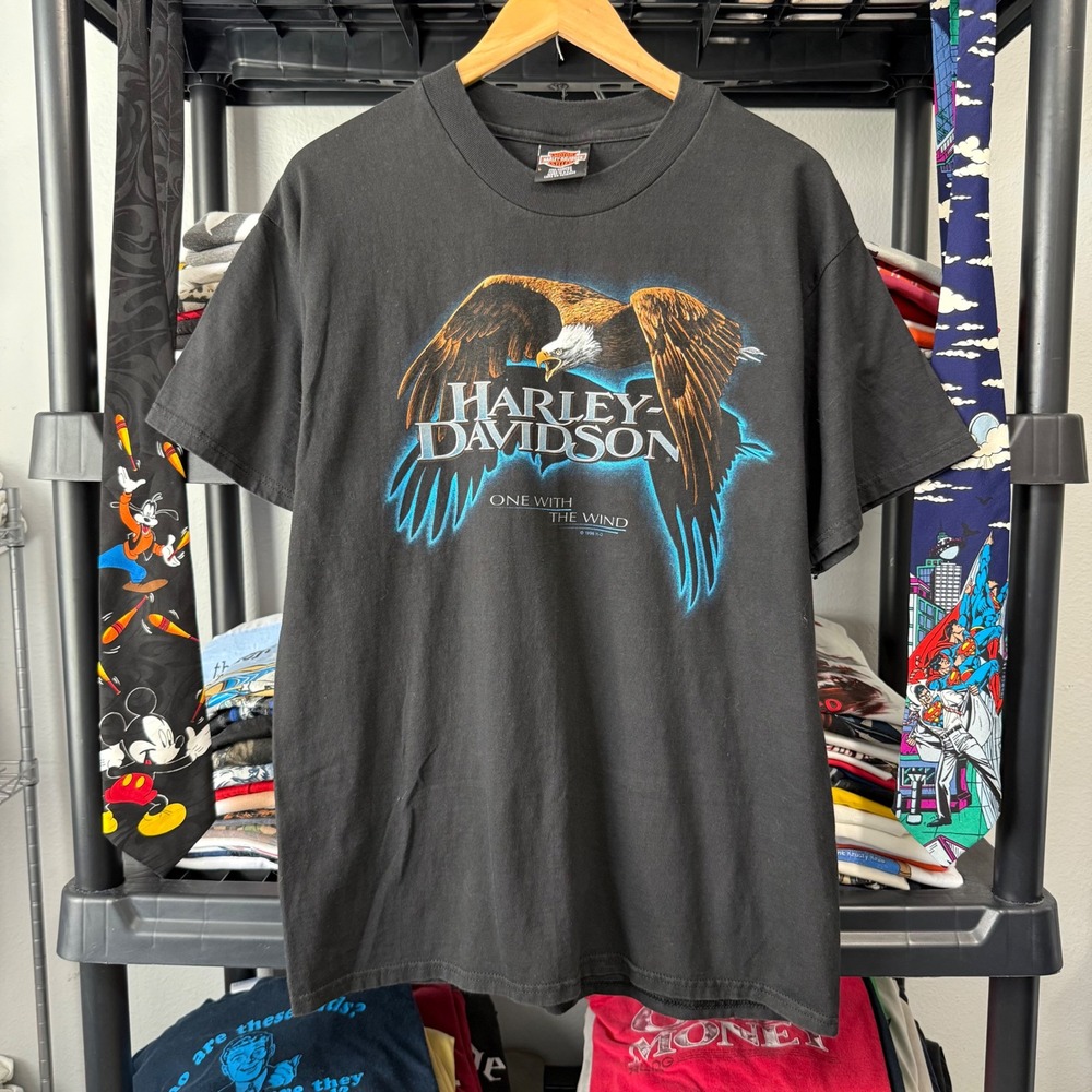 Vintage 90s Black Harley-Davidson Eagle One With The Wind Graphic T-Shirt Large